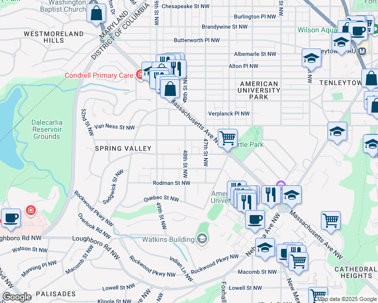 map of restaurants, bars, coffee shops, grocery stores, and more near 4739 Tilden Street Northwest in Washington