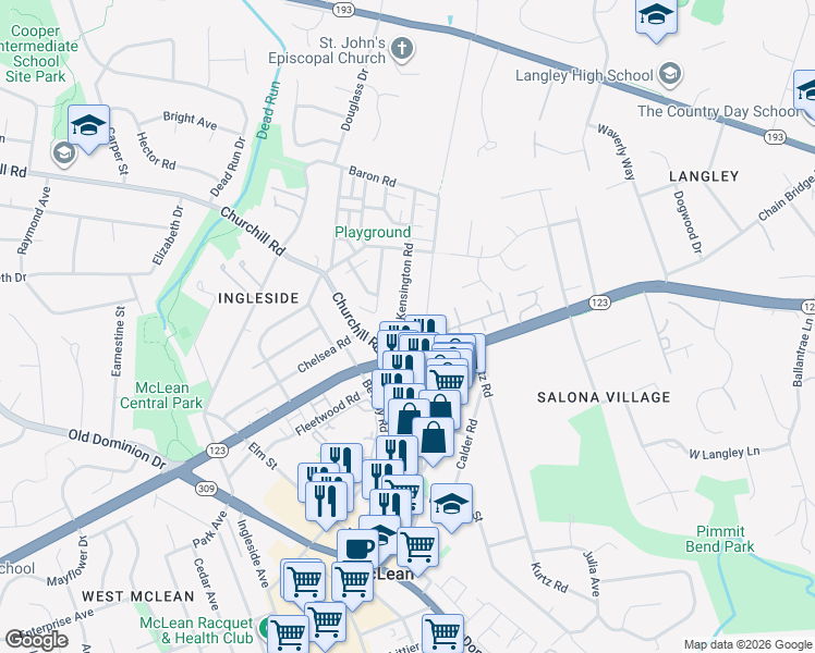 map of restaurants, bars, coffee shops, grocery stores, and more near 1243 Kensington Road in McLean