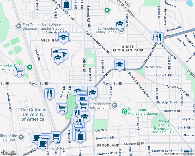 map of restaurants, bars, coffee shops, grocery stores, and more near 4221 13th Street Northeast in Washington