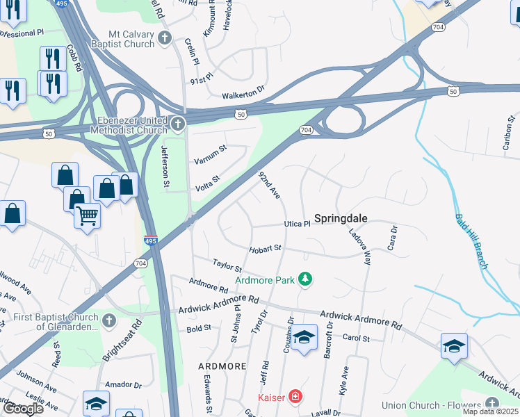 map of restaurants, bars, coffee shops, grocery stores, and more near 4002 Hobart Court in Springdale