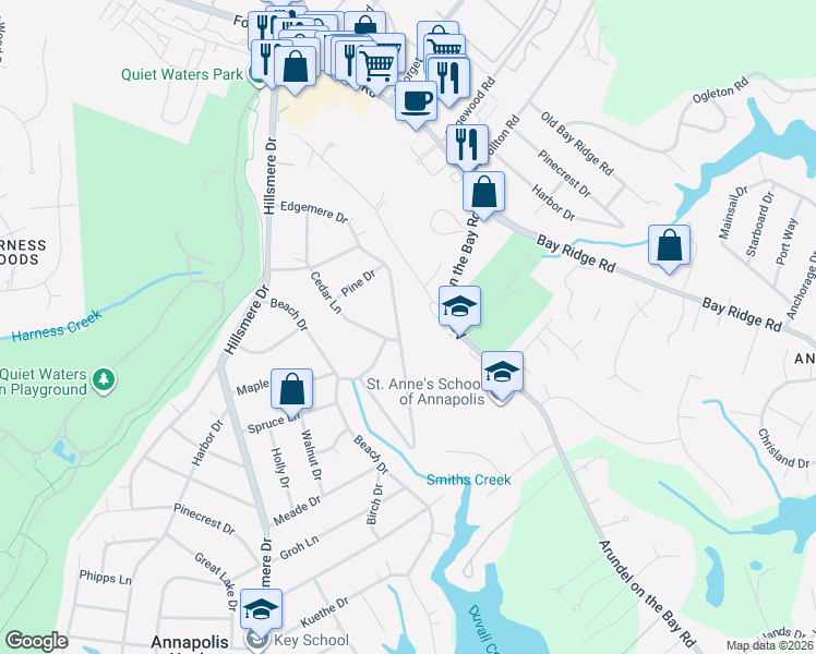 map of restaurants, bars, coffee shops, grocery stores, and more near 331 Edgemere Drive in Annapolis