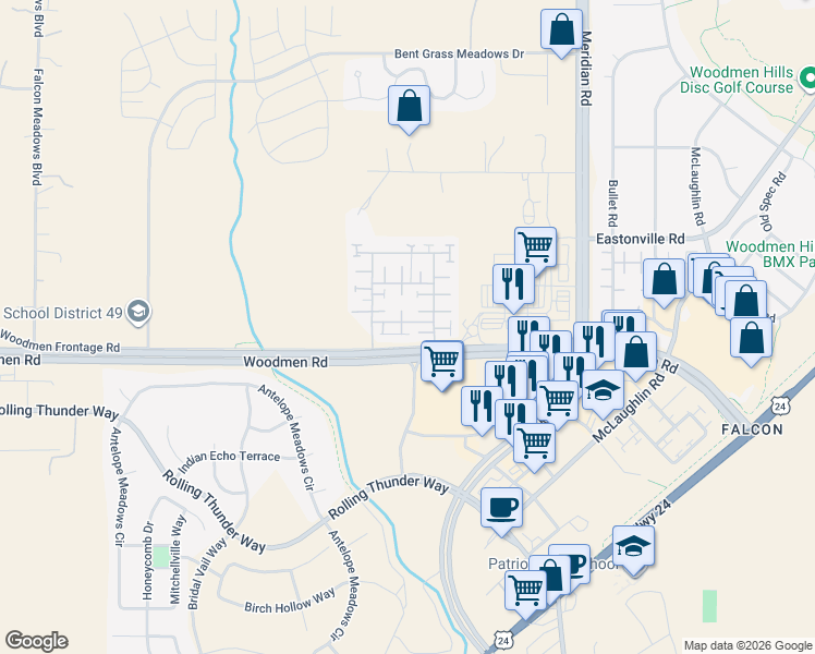 map of restaurants, bars, coffee shops, grocery stores, and more near 7545 Teocalli Point in Peyton
