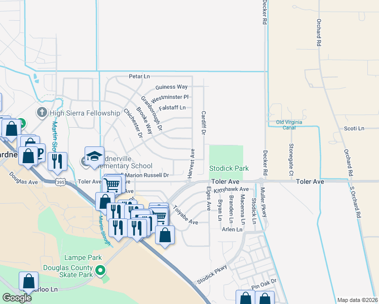 map of restaurants, bars, coffee shops, grocery stores, and more near 1383 Brooke Way in Gardnerville