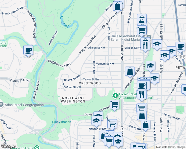 map of restaurants, bars, coffee shops, grocery stores, and more near 4120 18th Street Northwest in Washington