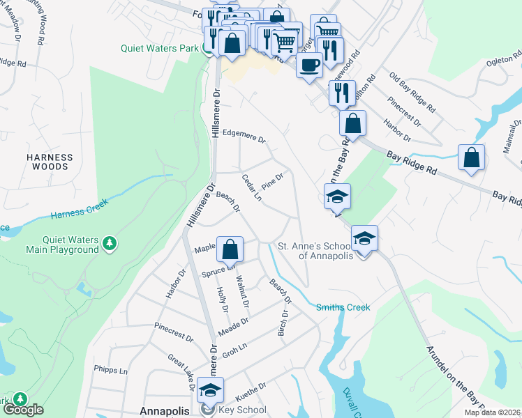 map of restaurants, bars, coffee shops, grocery stores, and more near 318 Cedar Lane in Annapolis