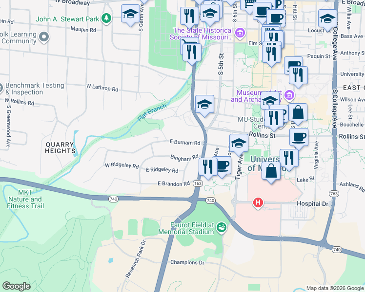 map of restaurants, bars, coffee shops, grocery stores, and more near 206 East Burnam Road in Columbia