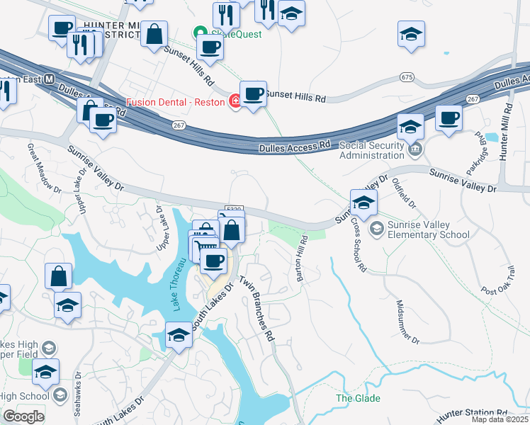 map of restaurants, bars, coffee shops, grocery stores, and more near 1867 Preston White Drive in Reston