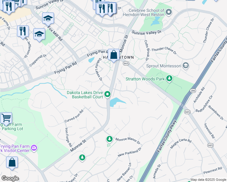 map of restaurants, bars, coffee shops, grocery stores, and more near 2400 Dakota Lakes Drive in Herndon