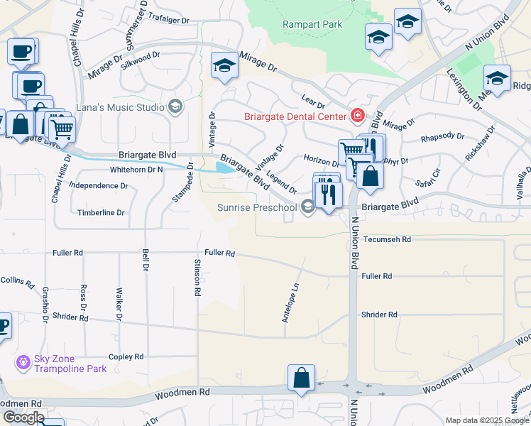 map of restaurants, bars, coffee shops, grocery stores, and more near 7516 Banner Court in Colorado Springs