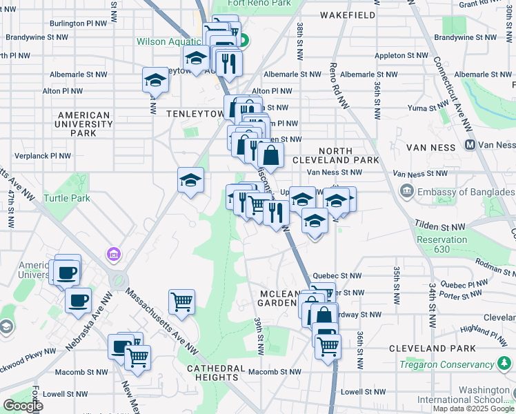 map of restaurants, bars, coffee shops, grocery stores, and more near 4000 Wisconsin Avenue Northwest in Washington