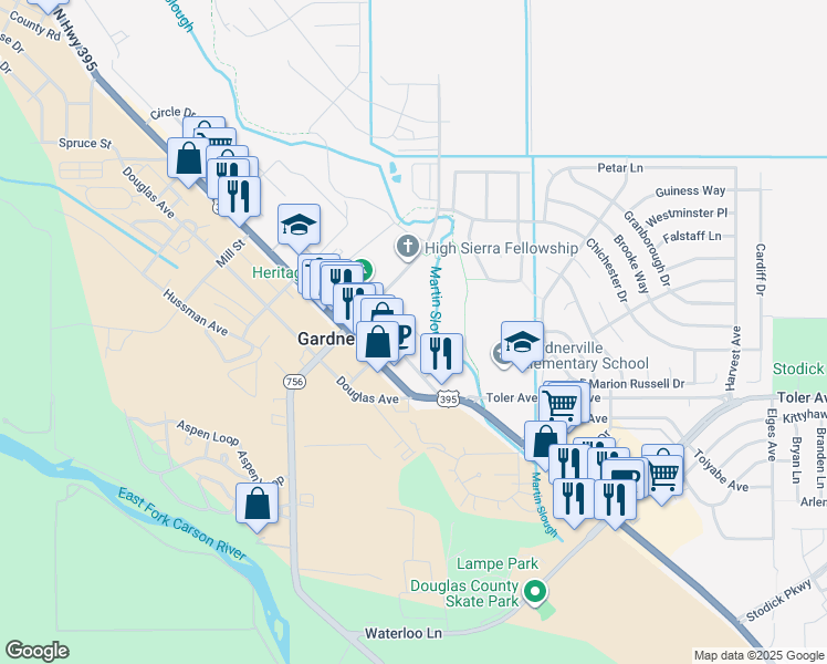 map of restaurants, bars, coffee shops, grocery stores, and more near 1243 Eddy Street in Gardnerville