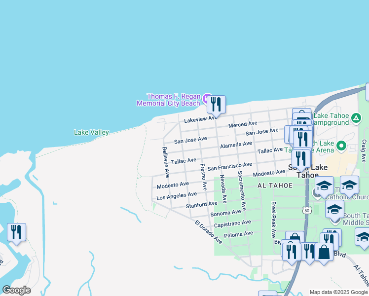 map of restaurants, bars, coffee shops, grocery stores, and more near 3130 Berkeley Avenue in South Lake Tahoe