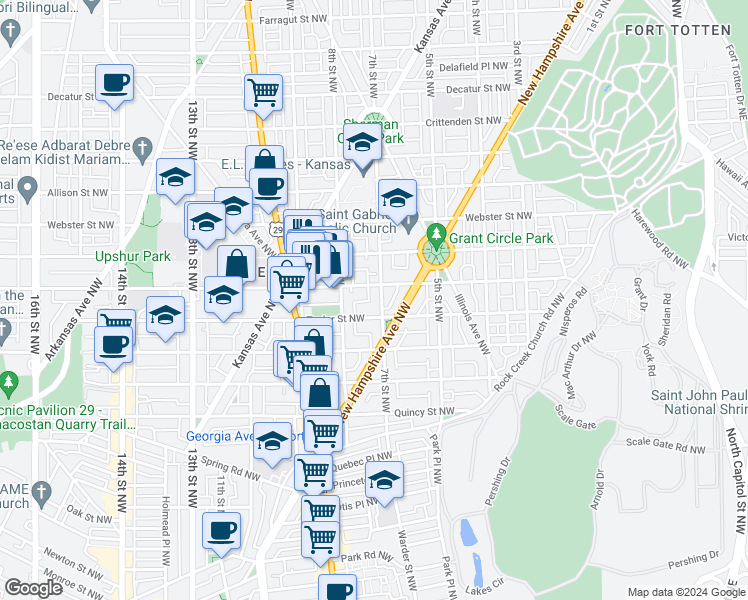 map of restaurants, bars, coffee shops, grocery stores, and more near 4128 7th Street Northwest in Washington