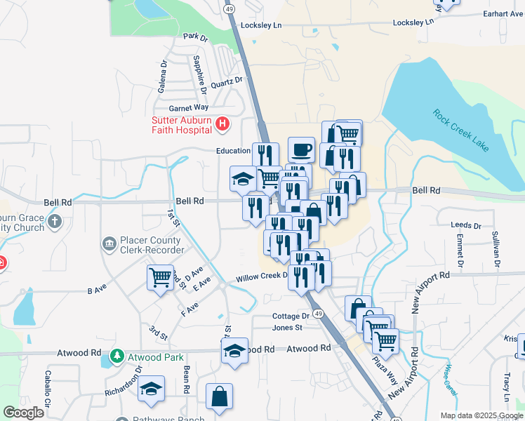 map of restaurants, bars, coffee shops, grocery stores, and more near 3009 Bell Road in Auburn
