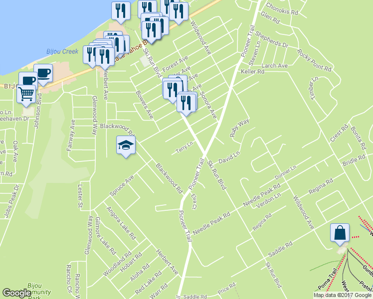 map of restaurants, bars, coffee shops, grocery stores, and more near 1218 Ski Run Boulevard in South Lake Tahoe