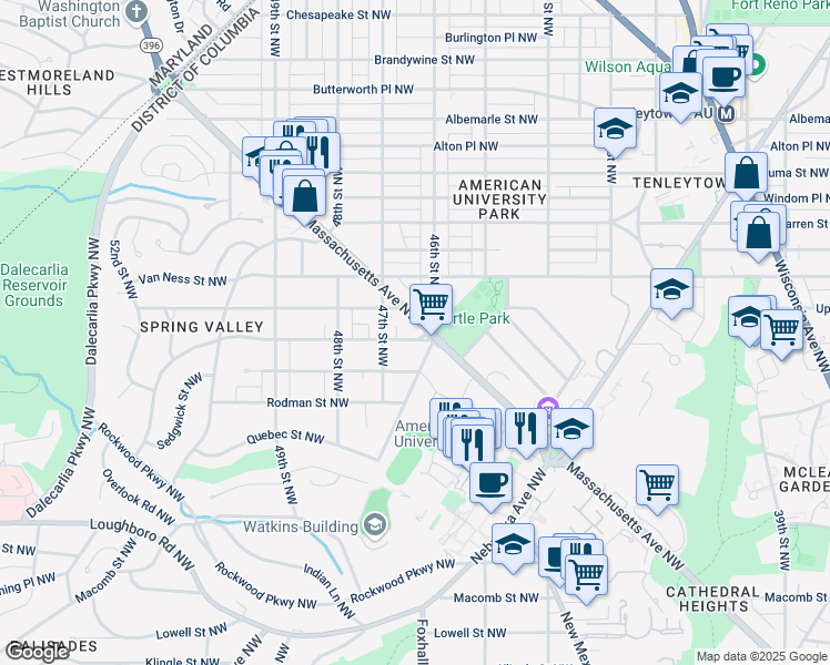 map of restaurants, bars, coffee shops, grocery stores, and more near 4600 Massachusetts Avenue Northwest in Washington