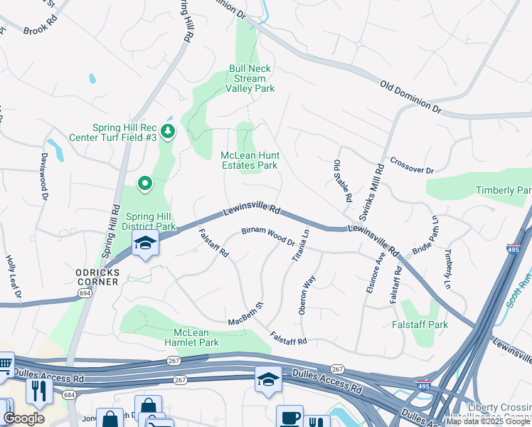 map of restaurants, bars, coffee shops, grocery stores, and more near 8001 Lewinsville Road in McLean
