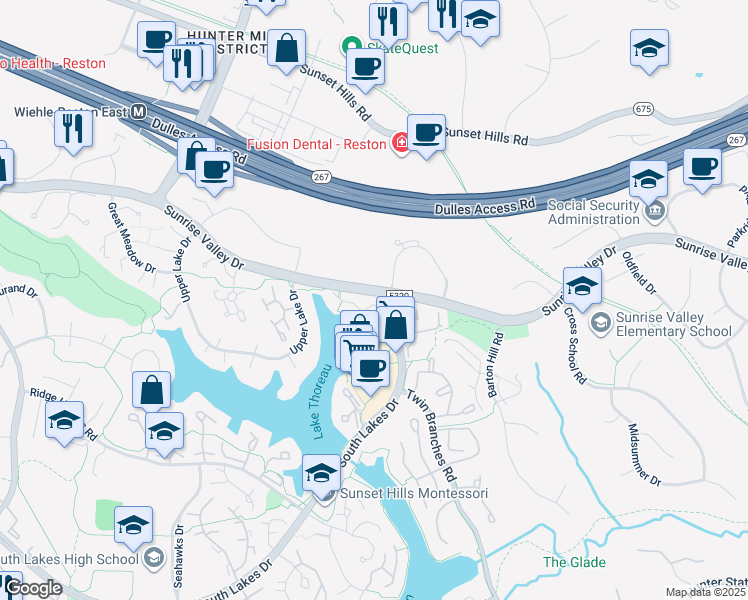 map of restaurants, bars, coffee shops, grocery stores, and more near 11125 Lakespray Way in Reston