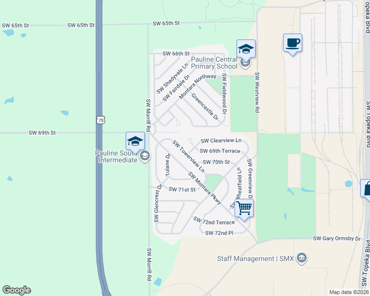 map of restaurants, bars, coffee shops, grocery stores, and more near 6934 Southwest Towerview Lane in Topeka