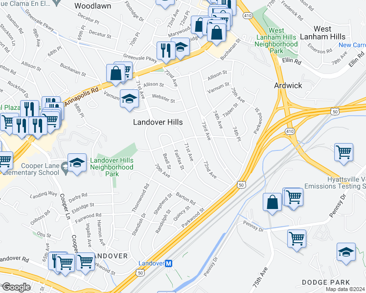 map of restaurants, bars, coffee shops, grocery stores, and more near 4118 71st Avenue in Hyattsville