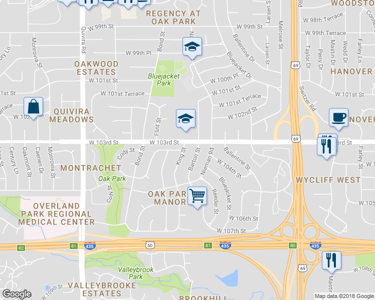 map of restaurants, bars, coffee shops, grocery stores, and more near 10305 King Street in Overland Park