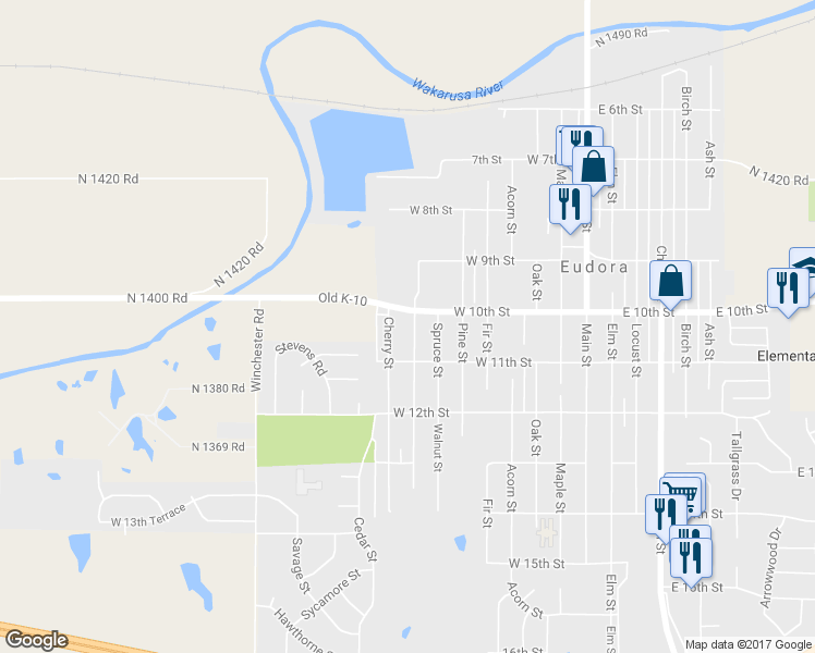 map of restaurants, bars, coffee shops, grocery stores, and more near 1011 Walnut Street in Eudora