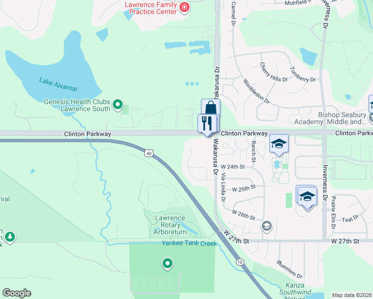 map of restaurants, bars, coffee shops, grocery stores, and more near 4971 Stoneback Drive in Lawrence