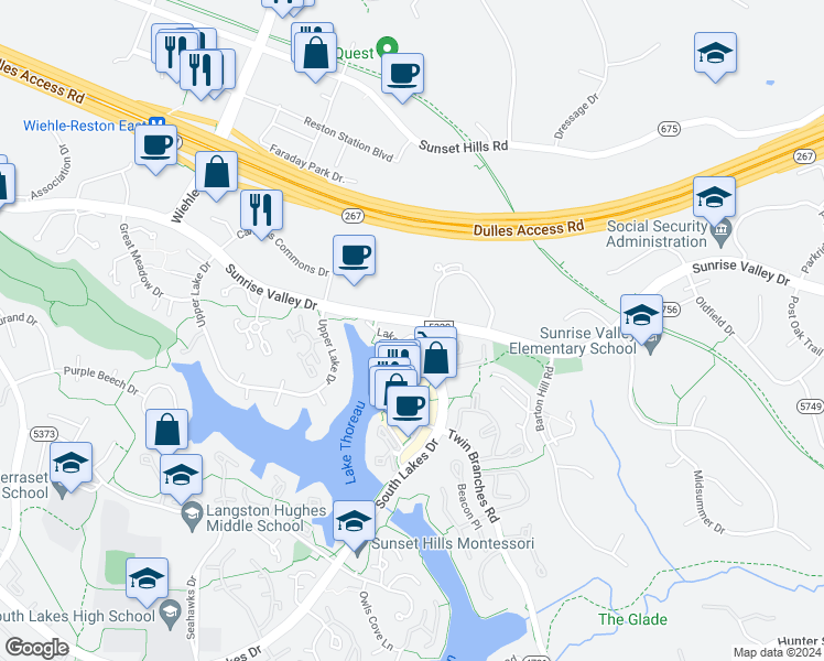 map of restaurants, bars, coffee shops, grocery stores, and more near 11125 Lakespray Way in Reston