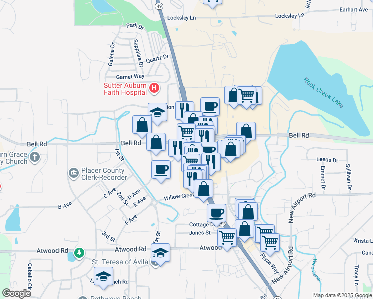 map of restaurants, bars, coffee shops, grocery stores, and more near 3009 Bell Road in Auburn