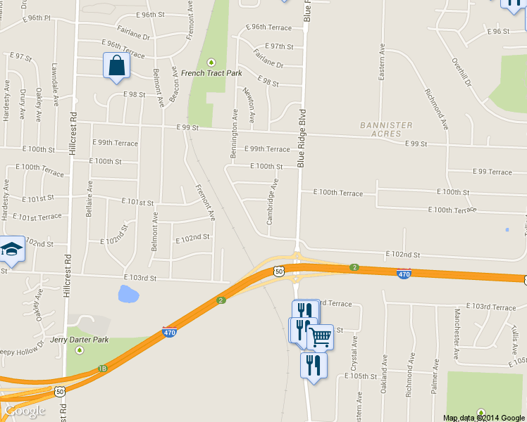 map of restaurants, bars, coffee shops, grocery stores, and more near 10104 Cambridge Ave in Kansas City
