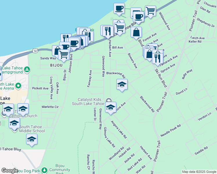 map of restaurants, bars, coffee shops, grocery stores, and more near 1168 Herbert Avenue in South Lake Tahoe