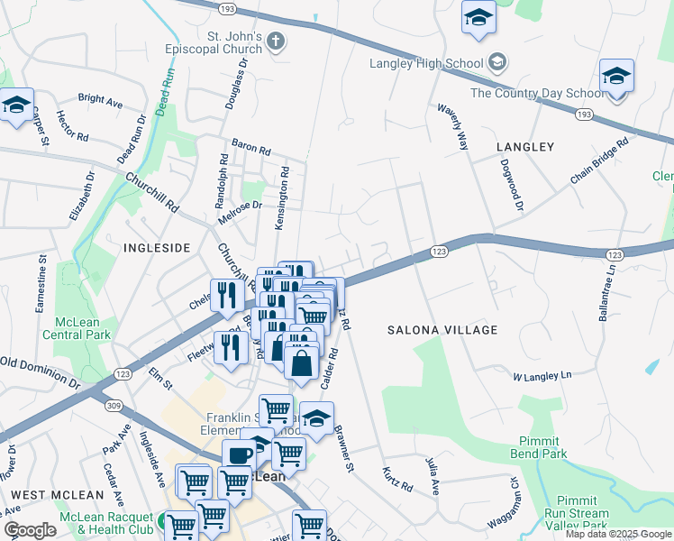 map of restaurants, bars, coffee shops, grocery stores, and more near 6638 Madison McLean Drive in McLean