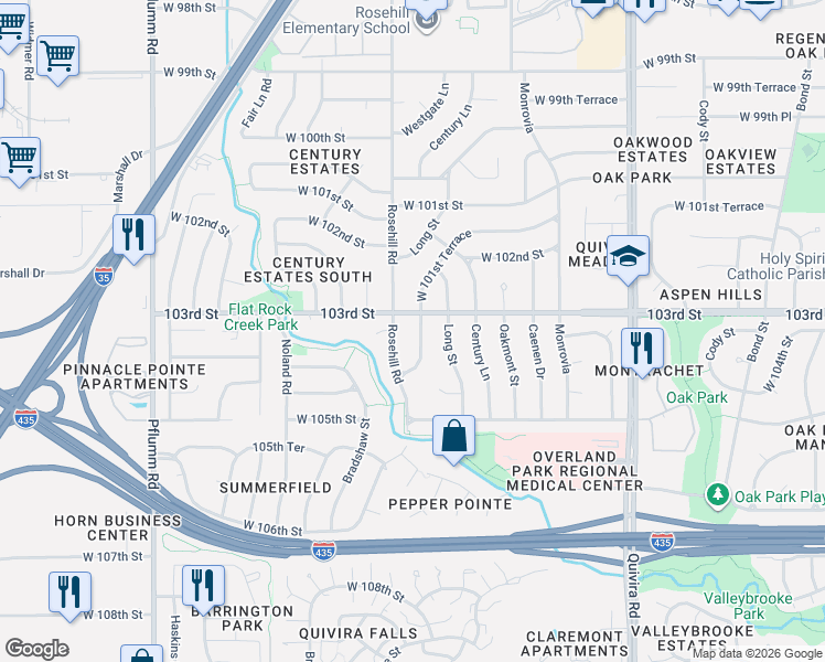 map of restaurants, bars, coffee shops, grocery stores, and more near 10309 Rosehill Road in Lenexa