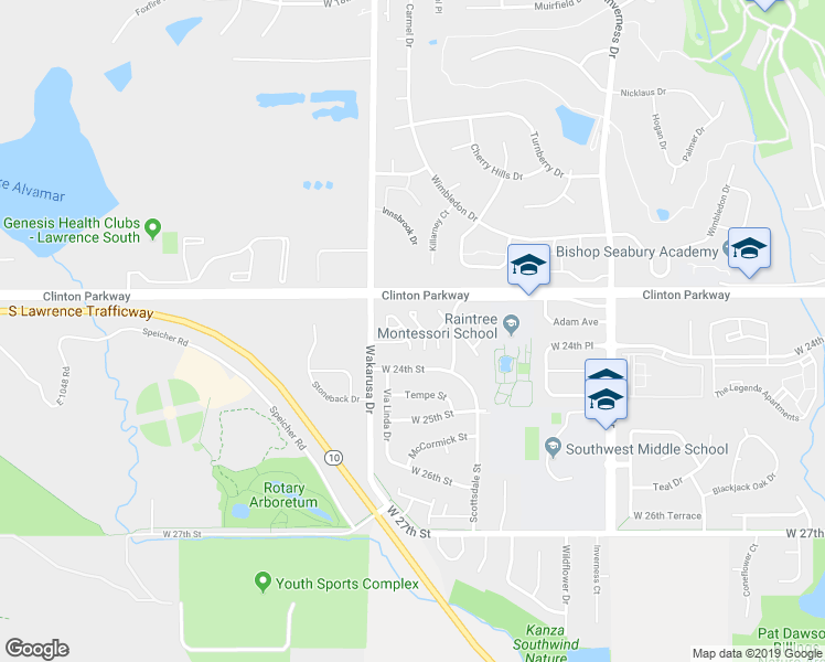map of restaurants, bars, coffee shops, grocery stores, and more near 4816 West 24th Street in Lawrence