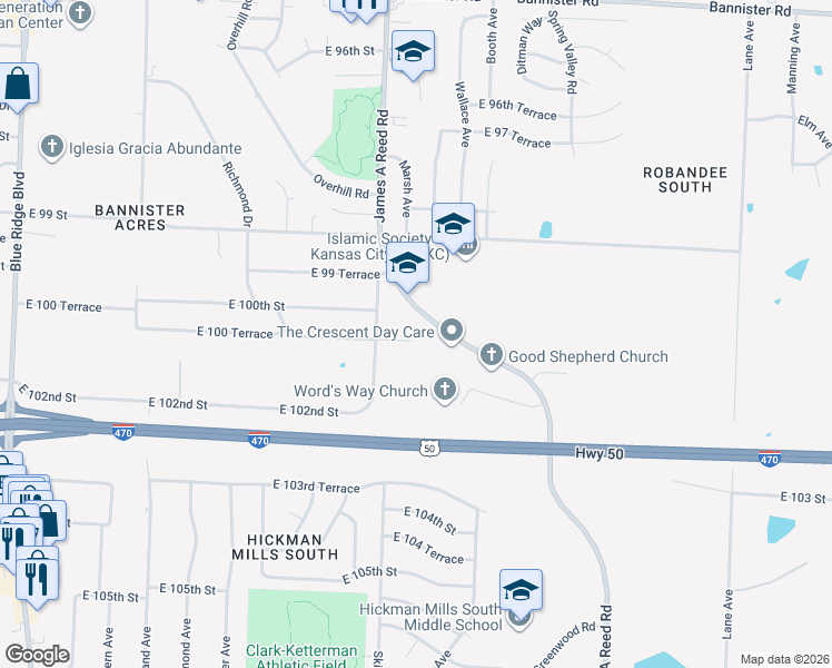 map of restaurants, bars, coffee shops, grocery stores, and more near 8126 East 100th Terrace Court in Kansas City