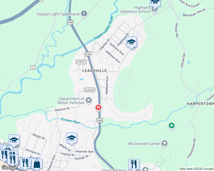 map of restaurants, bars, coffee shops, grocery stores, and more near 204 Midland Ave in Elkins