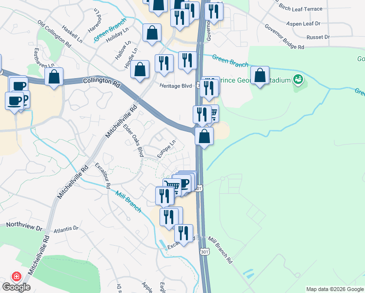 map of restaurants, bars, coffee shops, grocery stores, and more near 16519 Elkhorn Lane in Bowie