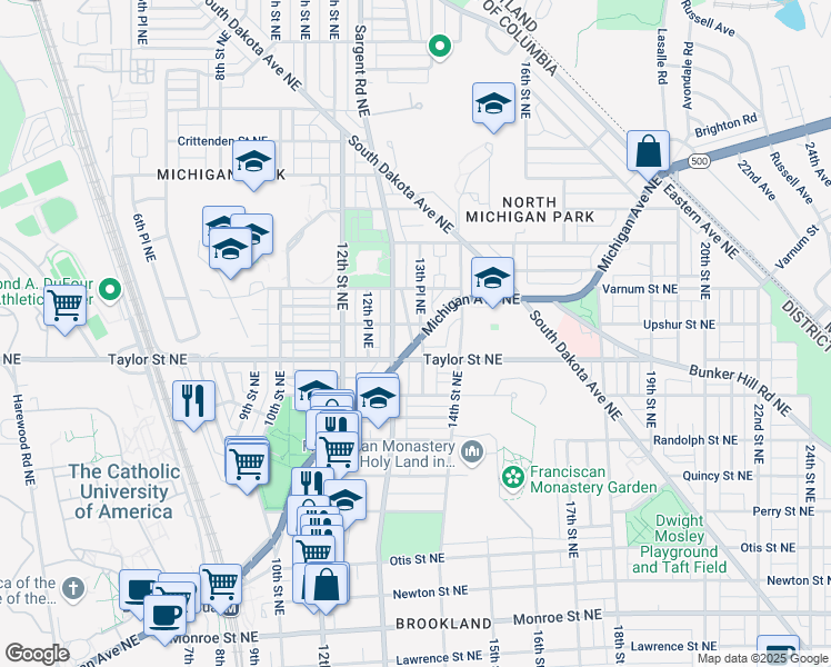 map of restaurants, bars, coffee shops, grocery stores, and more near 4222 13th Place Northeast in Washington