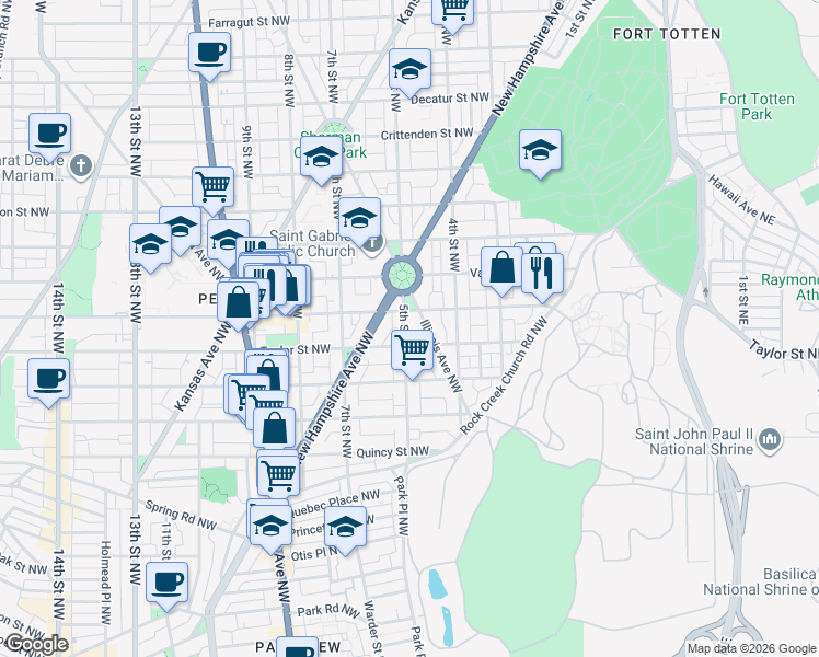 map of restaurants, bars, coffee shops, grocery stores, and more near 4111 5th Street Northwest in Washington