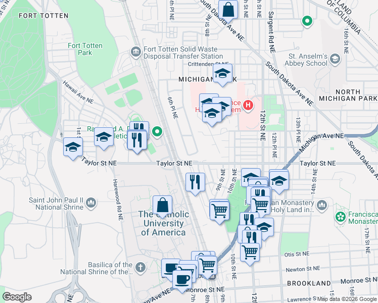 map of restaurants, bars, coffee shops, grocery stores, and more near 4321 Varnum Place Northeast in Washington