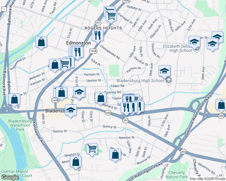 map of restaurants, bars, coffee shops, grocery stores, and more near 5406 Taussig Road in Bladensburg