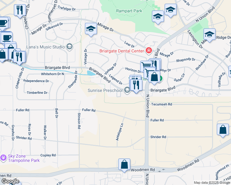 map of restaurants, bars, coffee shops, grocery stores, and more near 2635 Bannister Court in Colorado Springs