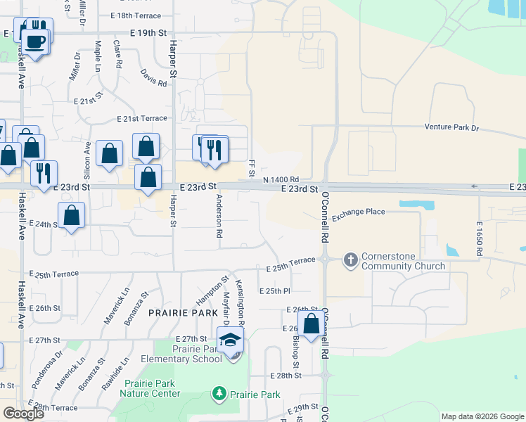 map of restaurants, bars, coffee shops, grocery stores, and more near 2328 Surrey Dr in Lawrence