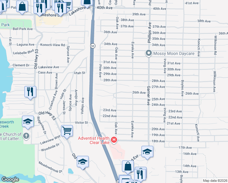 map of restaurants, bars, coffee shops, grocery stores, and more near 15652 Highland Avenue in Clearlake