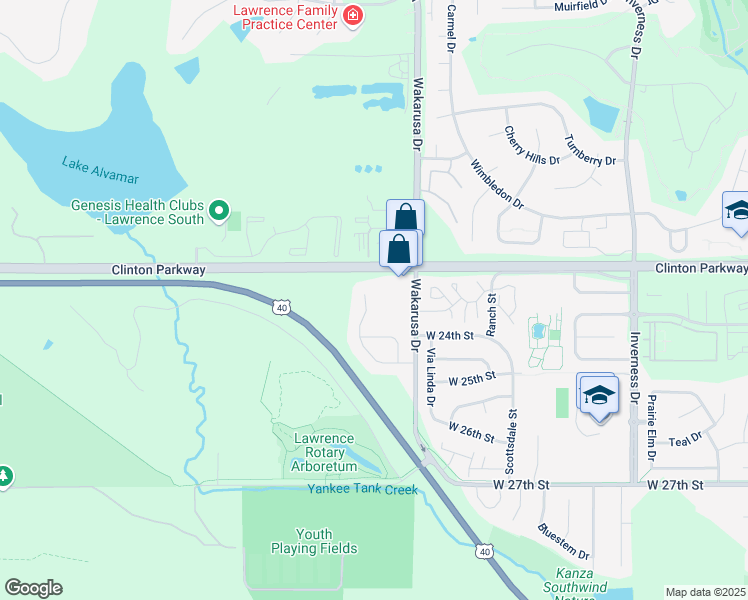 map of restaurants, bars, coffee shops, grocery stores, and more near 4974 Stoneback Drive in Lawrence