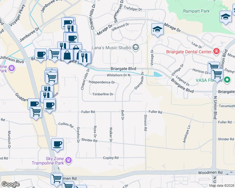 map of restaurants, bars, coffee shops, grocery stores, and more near 7539 Red Mountain Drive in Colorado Springs