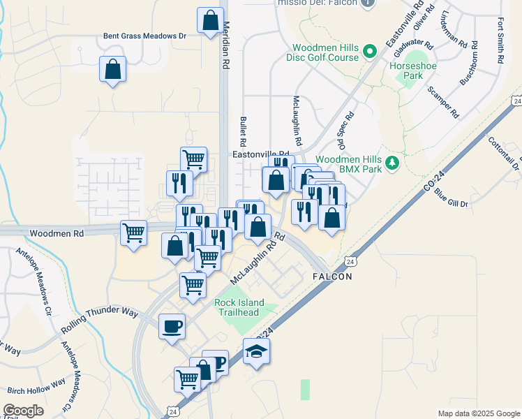map of restaurants, bars, coffee shops, grocery stores, and more near 7533 Jaoul Point in Peyton