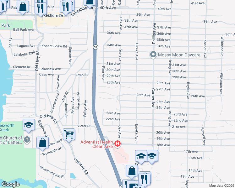 map of restaurants, bars, coffee shops, grocery stores, and more near 15652 Highland Avenue in Clearlake