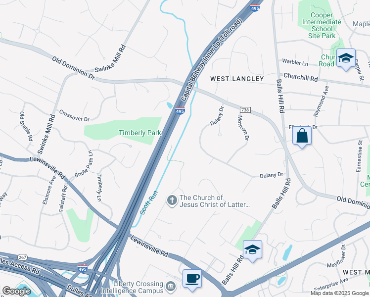 map of restaurants, bars, coffee shops, grocery stores, and more near 7421 Dulany Drive in McLean
