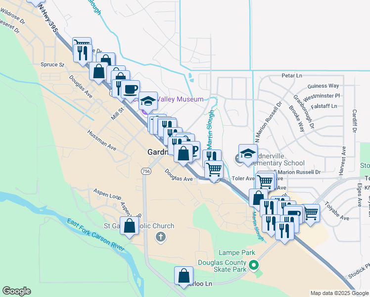 map of restaurants, bars, coffee shops, grocery stores, and more near 1440 Courthouse Alley in Gardnerville